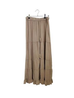 Arte Opo Beige Wide Leg Palazzo Pants Tiered Ruffle Boho Trousers